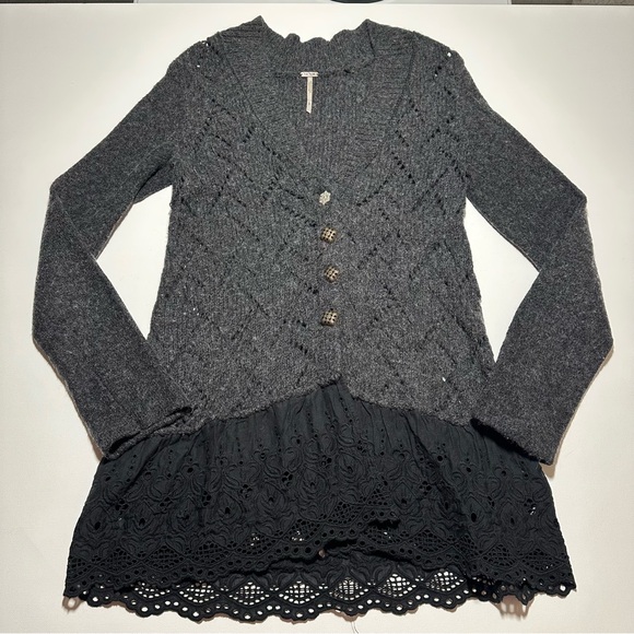 Free People Eyelet Trim V-Neck Cardigan Sweater - Small - Picture 2 of 16